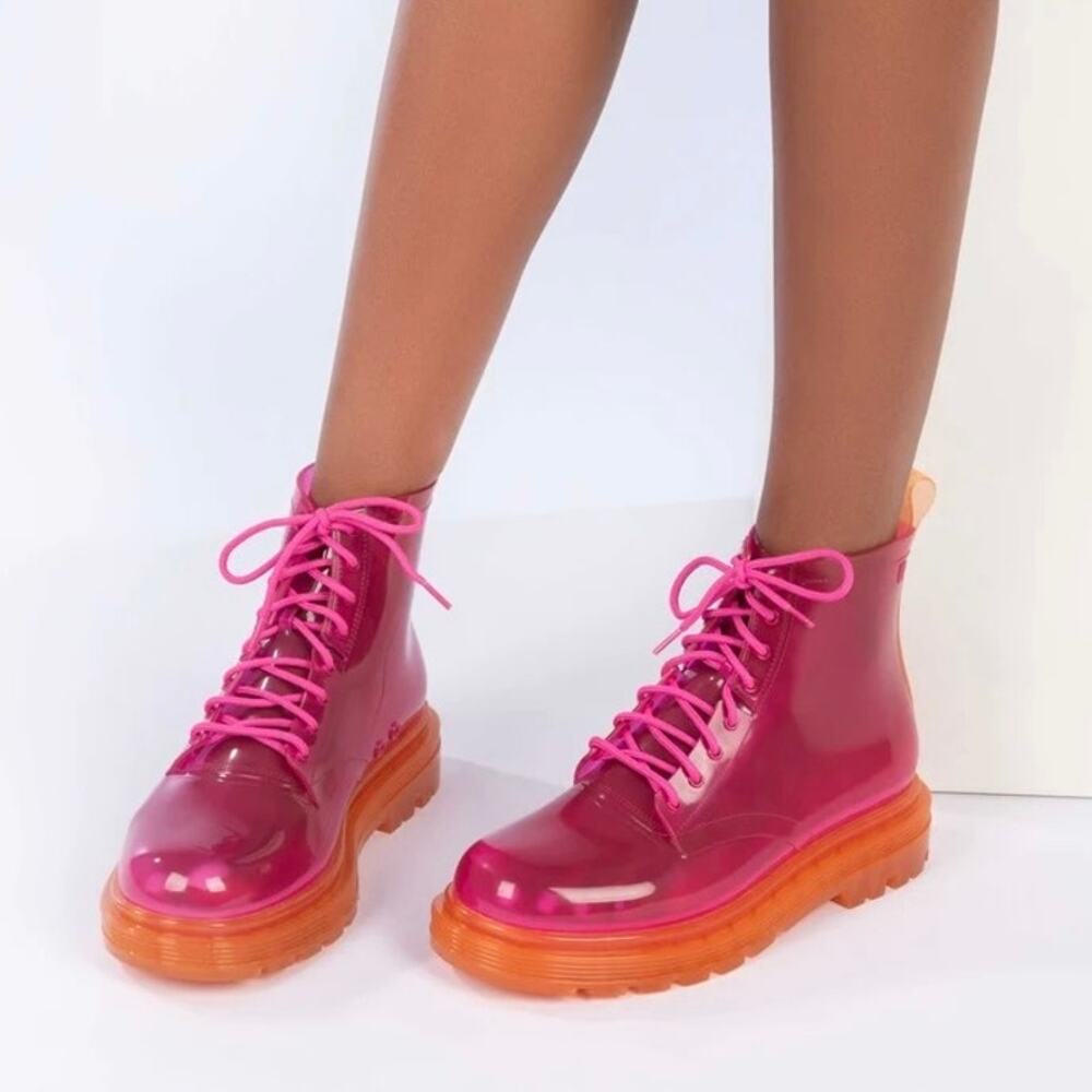 Melissa Coturno Clear Pink/Orange Lace-Up Jelly Muck Combat Boots Size 37/6-6.5